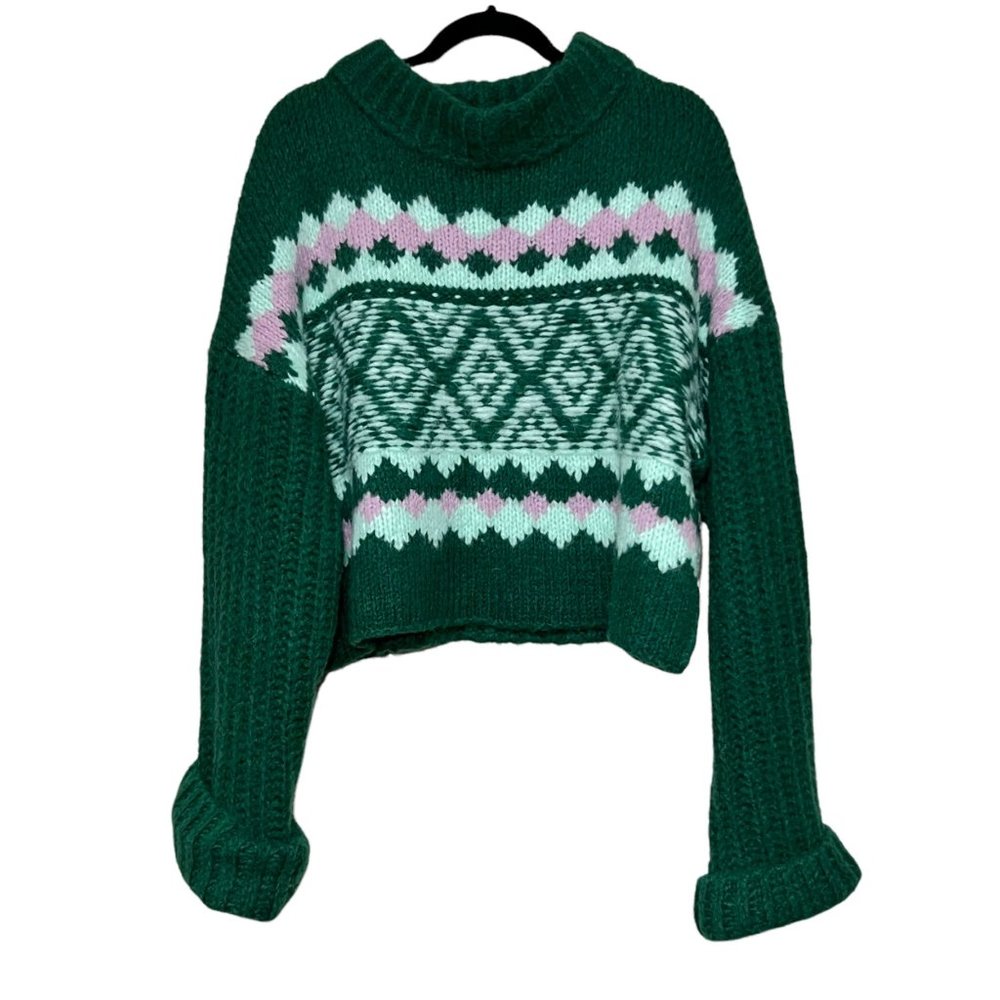 FREE PEOPLE Fair Isle Alpine Pullover Combo Wool/Alpaca Blend Boxy Sweater Size